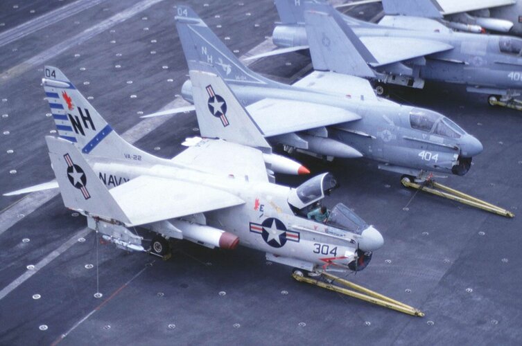 A-7Es aboard CVN-65 Arabian Gulf 24 Oct 82.jpg