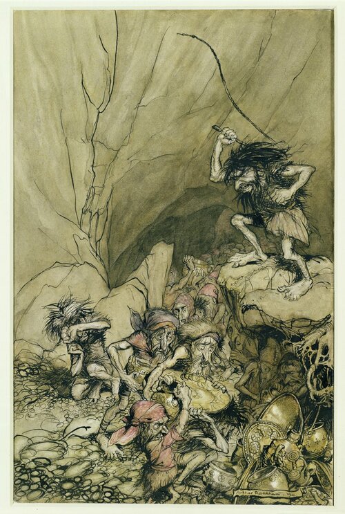 Arthur_Rackham_-_Alberich_drives_in_a_band_of_Nibelungs_laden_with_gold_and_silver_treasure_an...jpg