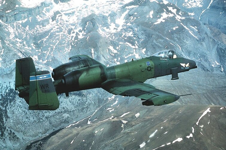 A-10A of 91st TFS flies over French Pyrennes Mountains along French & Spanish border in 1987.jpg