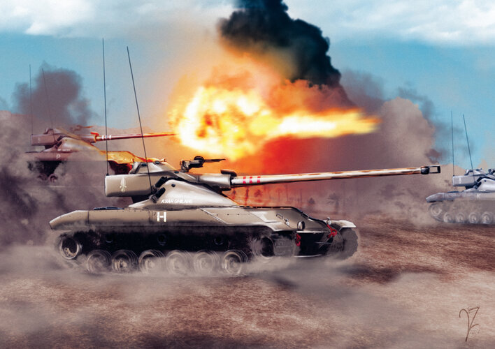 A full-colour illustration. Three French ‘Batignolles-Châtillon 25T’ light tanks belonging to the 2nd Régiment Etranger de Cavalerie are in action in the Egyptian desert in an alternate history version of Operation Musketeer.