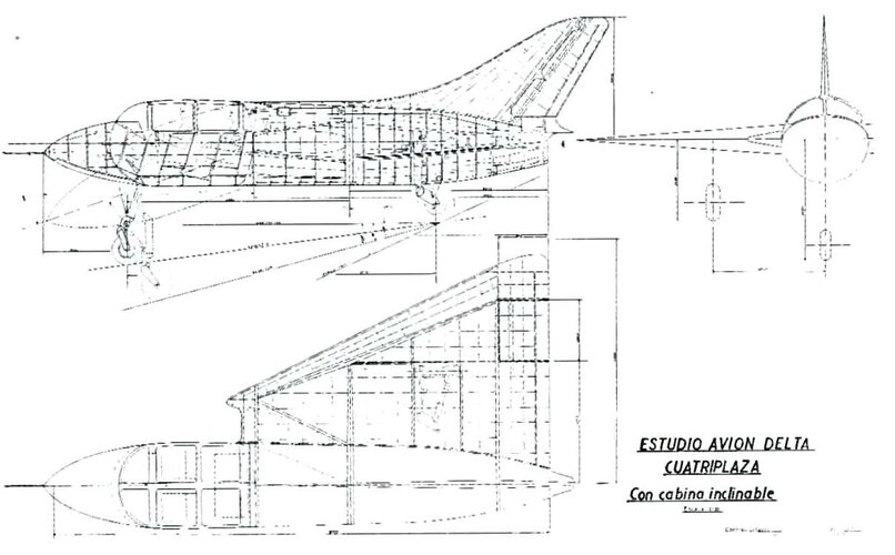 Cutaway lateral, frontal y planta Avion cuadriplaza basado en el IA-37.jpg